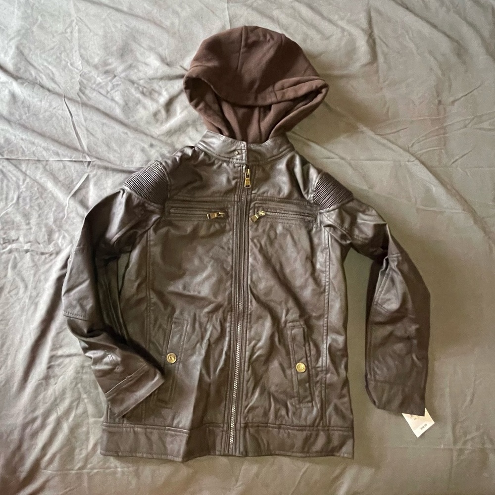 Boys jacket faux leather with cotton hood size 14/16